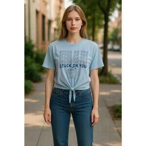 Disney Toy Story Crop Tee L Blue‎ "Stuck On You" Tie Front Short Slv Crew Neck